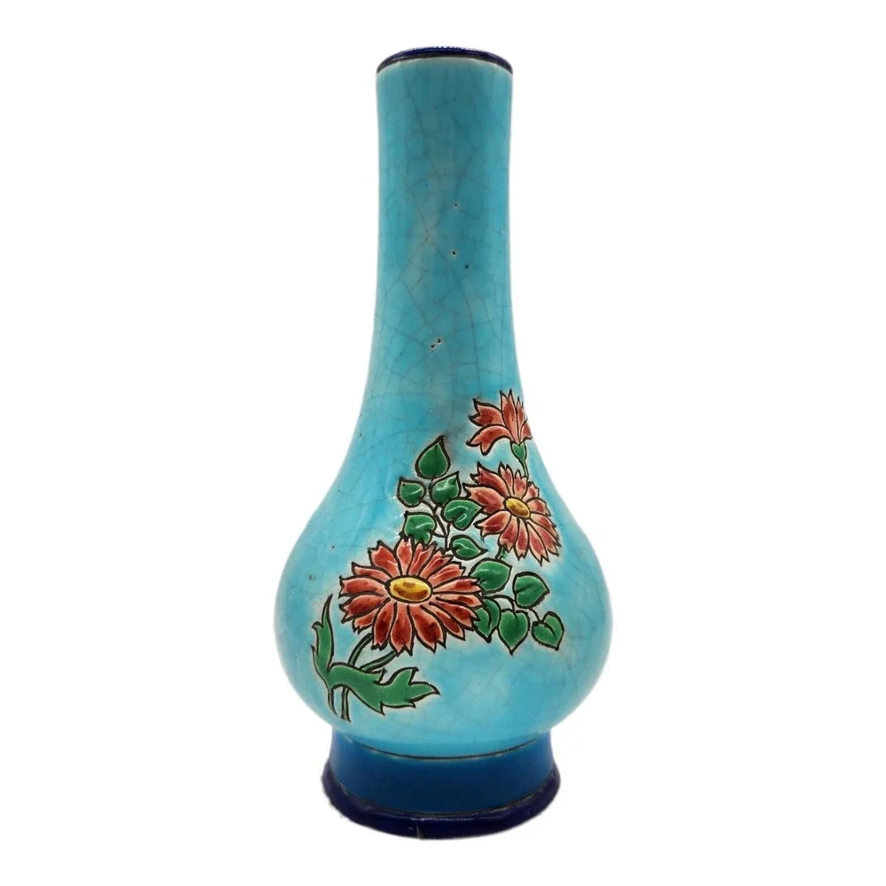 Emaux de LONGWY A La Main Enameled Vase Butterfly Flowers Made in France 8.75